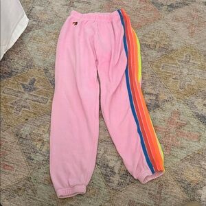 Aviator Nation Pink Joggers with Rainbow Stripes